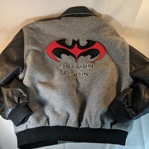 1997 Lunatex Batman & Robin Leather Wool Varsity Jacket Coat Uncle Ben's XL Gray